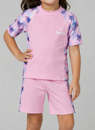 Girls Lilac Geometric Print Rash Guard Swim Set
