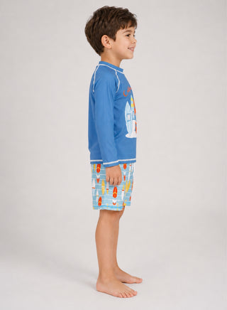 Boys Surfboard Print Long Sleeve Swim Set