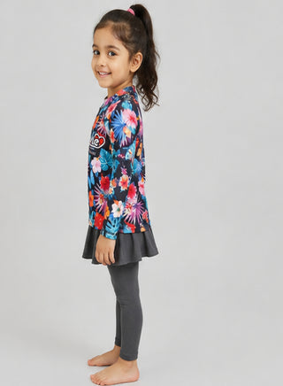 Girls Floral Long Sleeve Top Pant Skirt Swim 2 Piece Set