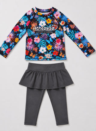 Girls Floral Long Sleeve Top Pant Skirt Swim 2 Piece Set