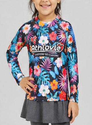 Girls Floral Long Sleeve Top Pant Skirt Swim 2 Piece Set