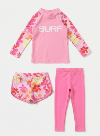 Girls Pink Floral Top Pant Shorts Swim 3 Piece Set