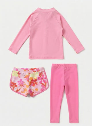 Girls Pink Floral Top Pant Shorts Swim 3 Piece Set