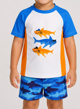 Boys Shark Print T-Shirt Shorts 2 Piece Swim Set
