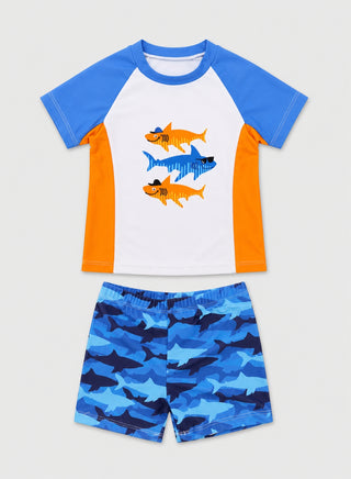 Boys Shark Print T-Shirt Shorts 2 Piece Swim Set