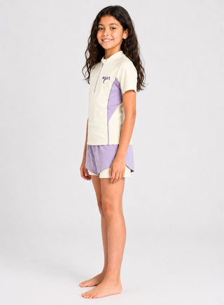 Girls Short Sleeve Zip Top Shorts 2 Piece Swim Set