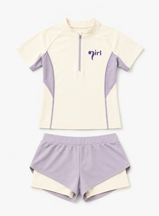 Girls Short Sleeve Zip Top Shorts 2 Piece Swim Set