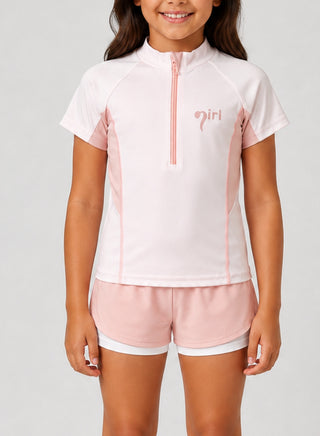 Girls Half Zip Rash Guard Shorts 2 Piece Swim Set