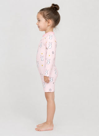Girls Pink Bunny Print Long Sleeve Swimsuit