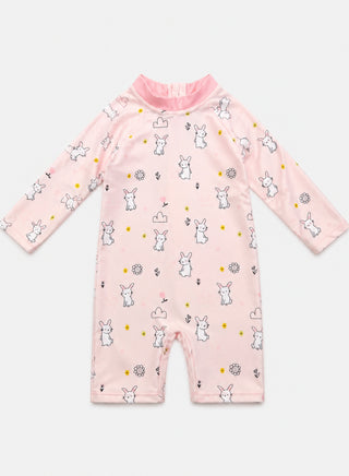 Girls Pink Bunny Print Long Sleeve Swimsuit
