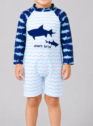 Boys Shark Print Long Sleeve One Piece Swimsuit