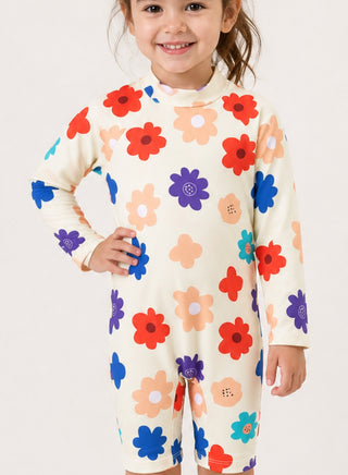 Girls Floral Print Long Sleeve One Piece Swimsuit