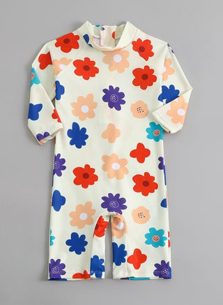 Girls Floral Print Long Sleeve One Piece Swimsuit