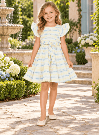 Adorable yellow striped dress with ruffle sleeves for girls