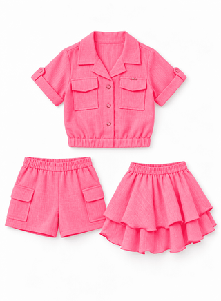 Adorable pink three-piece set with skirt and shorts