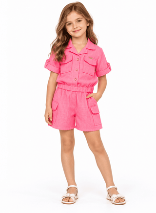 Adorable pink three-piece set with skirt and shorts