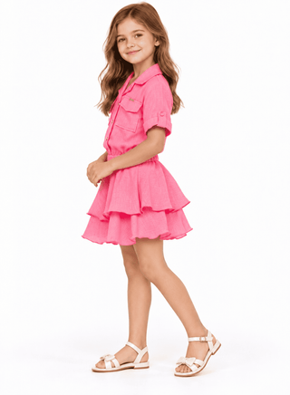 Adorable pink three-piece set with skirt and shorts