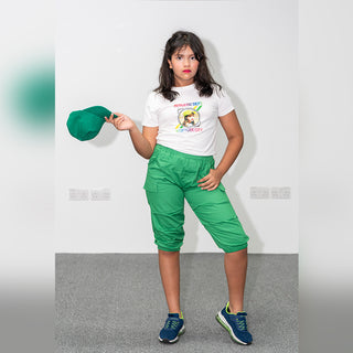Printed white top with green keen length short set for girls