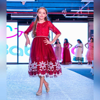 Appliques mesh lace pattern red long party dress for girls