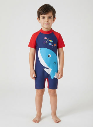 Boy wearing navy and red shark print one-piece swimsuit, front view