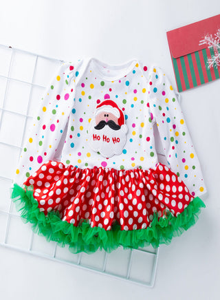 Children's Christmas-themed dress with polka dot skirt on a white background