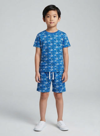 Boy waring grey soccer print cotton t-shirt and matching drawstring shorts set for kids, front view — summer casual outfit for ages 1 to 12 years