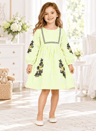 Charming green striped dress with embroidery for girls