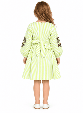 Charming green striped dress with embroidery for girls