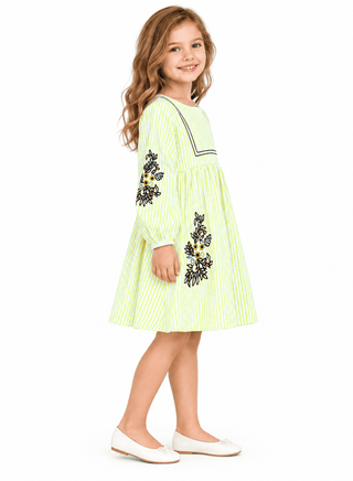 Charming green striped dress with embroidery for girls