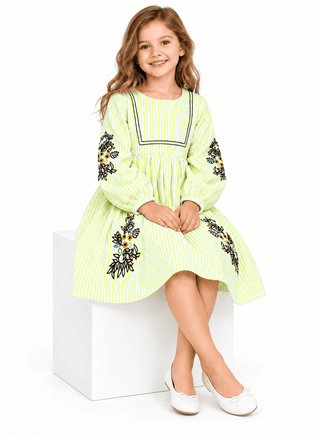 Charming green striped dress with embroidery for girls