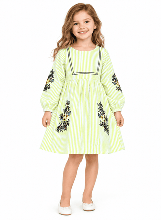 Charming green striped dress with embroidery for girls