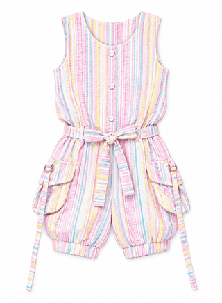 Colorful pink striped jumpsuit with pockets for girls