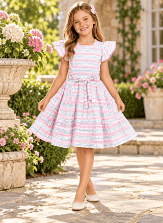 Cute pink striped dress with waist tie for girls