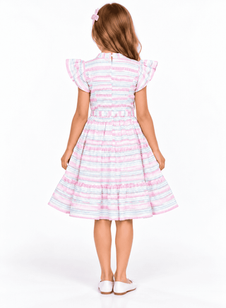 Cute pink striped dress with waist tie for girls
