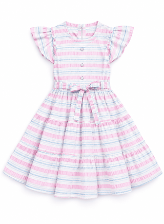 Cute pink striped dress with waist tie for girls