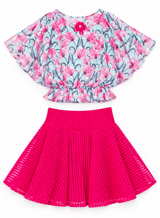 Elegant floral print top with pleated pink skirt