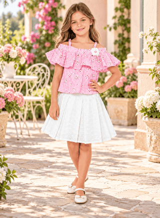 Elegant pink off-shoulder top and white skirt combo
