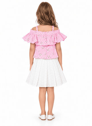 Elegant pink off-shoulder top and white skirt combo