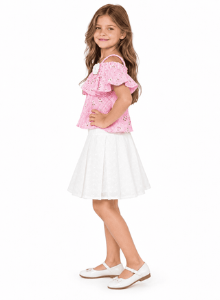 Elegant pink off-shoulder top and white skirt combo
