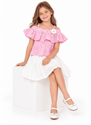 Elegant pink off-shoulder top and white skirt combo