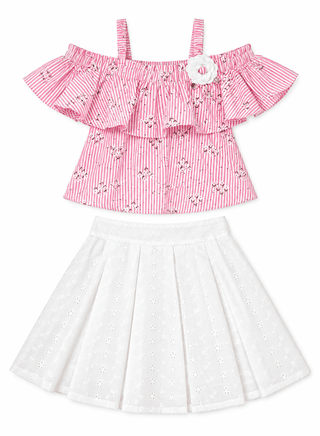 Elegant pink off-shoulder top and white skirt combo