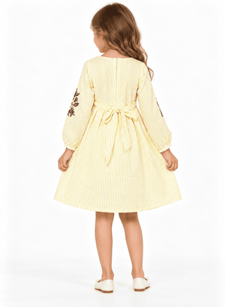 Charming yellow striped dress with embroidery for girls