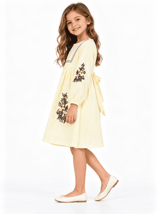 Charming yellow striped dress with embroidery for girls