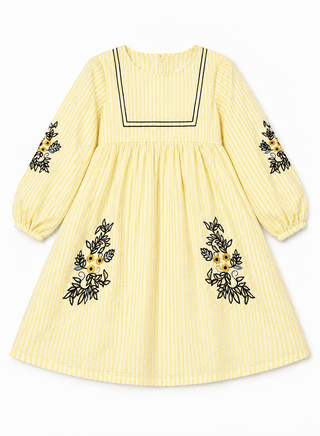 Charming yellow striped dress with embroidery for girls