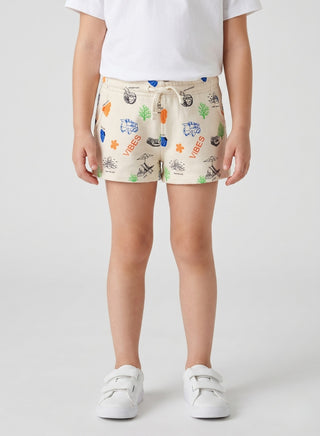 Shop girls  print cotton shorts with an elastic waist and adjustable drawstring. Soft, comfortable casual wear for kids aged 2-8 years.
