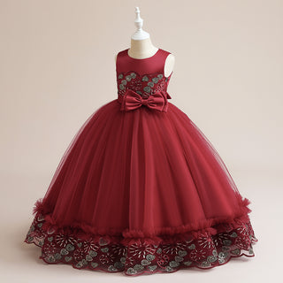 Frilled sequins embroidery and bow maxi gown party dress for girls