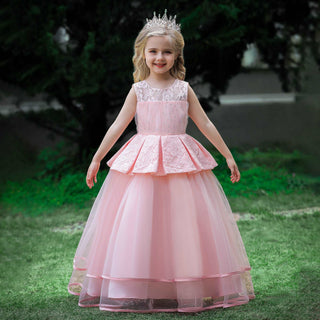 Babyqlo Mesh layered pearl pattern pink long party dress for girls