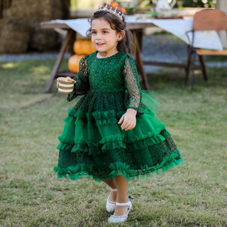 Babyqlo Green knee-length dress with mesh and frill patterns for girls