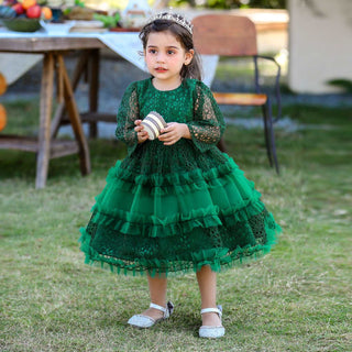 Babyqlo Green knee-length dress with mesh and frill patterns for girls