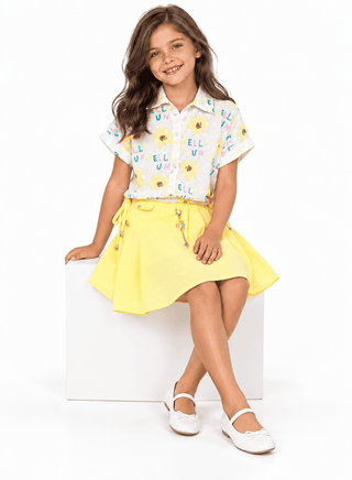 Playful yellow skirt and floral top set for girls